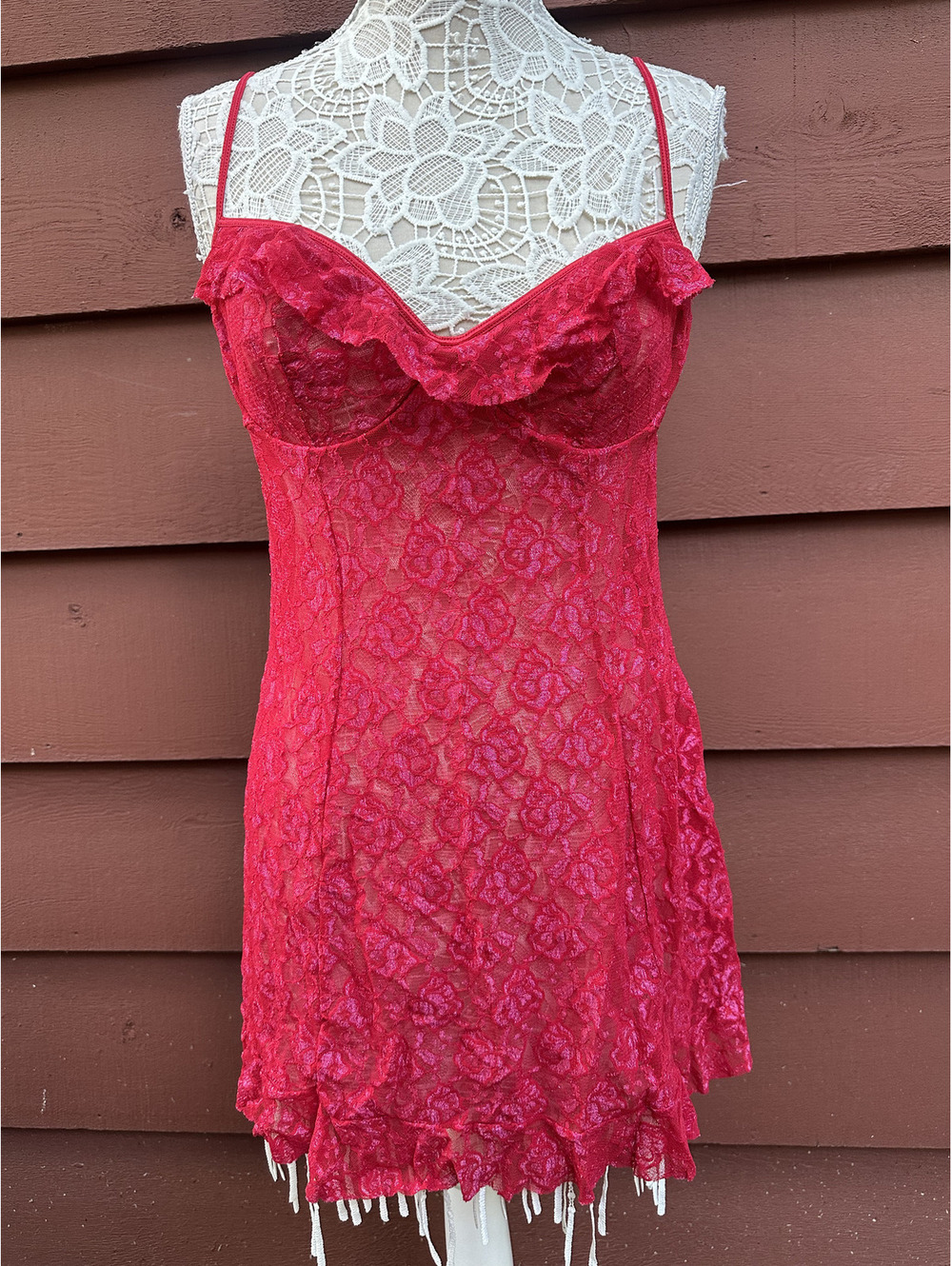 Inner Secrets Red Lace Slip Dress Sheer Floral Ruffle Bohemian Lingerie